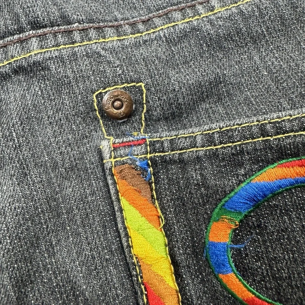 Y2K Russo Jorts Men 40(38) Black Baggy Shorts Rainbow Embroidered Drawstring Hem